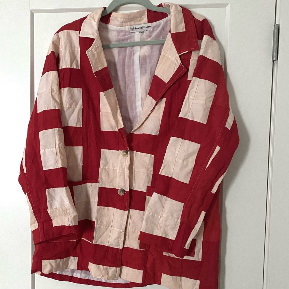 Farewell Frances Quilted Ryan Blazer in Red and cream Check